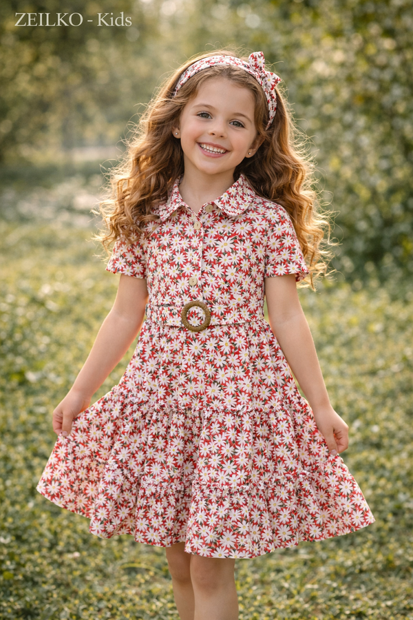 ZEILKO Kids | Mädchen Blumenkleid Rot-Weiß mit Gürtel & Haarband | Baumwolle-Viskose-Mix