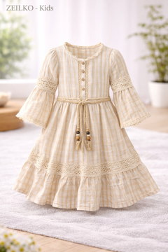 ZEILKO Kids Boho Sommerkleid für Mädchen in Beige-Streifen mit Spitzendetails und Rüschen, 100% Baumwolle