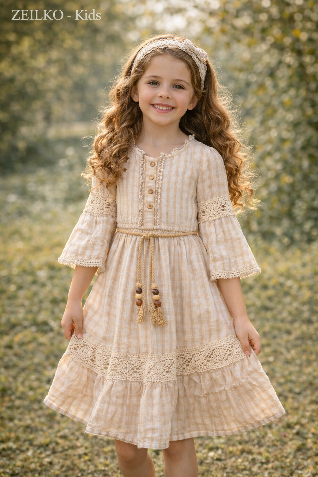 ZEILKO Kids Boho Sommerkleid für Mädchen in Beige-Streifen mit Spitzendetails und Rüschen, 100% Baumwolle