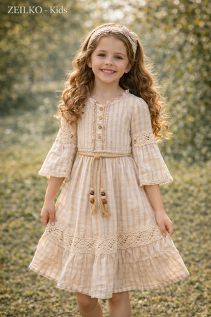 ZEILKO Kids Boho Sommerkleid für Mädchen in Beige-Streifen mit Spitzendetails und Rüschen, 100% Baumwolle