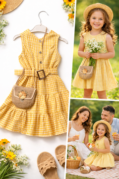 ZEILKO Kids Mädchen Sommerkleid in Gelb-Weiß Karomuster mit Gürtel und Jute-Täschchen, 100% Baumwolle