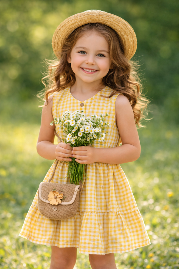 ZEILKO Kids | Mädchen Karo Sommerkleid Gelb mit Gürtel & Tasche | 100% Baumwolle