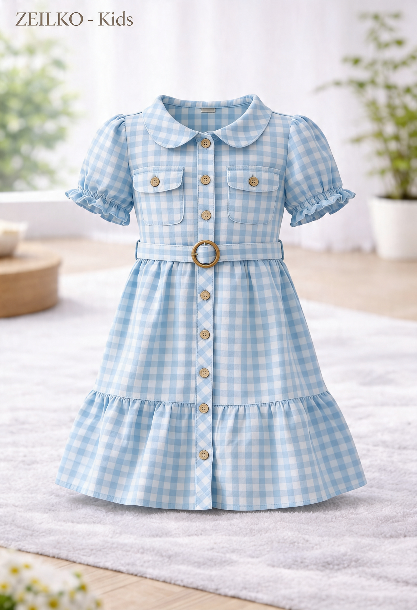 Mädchen trägt ein hellblau-weiß kariertes ZEILKO-Kids Sommerkleid mit Knopfleiste, Gürtel und kurzem Arm im sonnigen Park