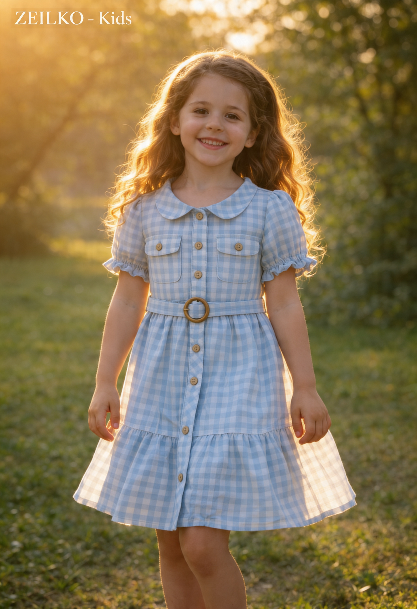 ZEILKO-Kids Mädchen Sommerkleid hellblau-weiß kariert mit Knöpfen, Gürtel und luftigem Schnitt für Frühling und Sommer