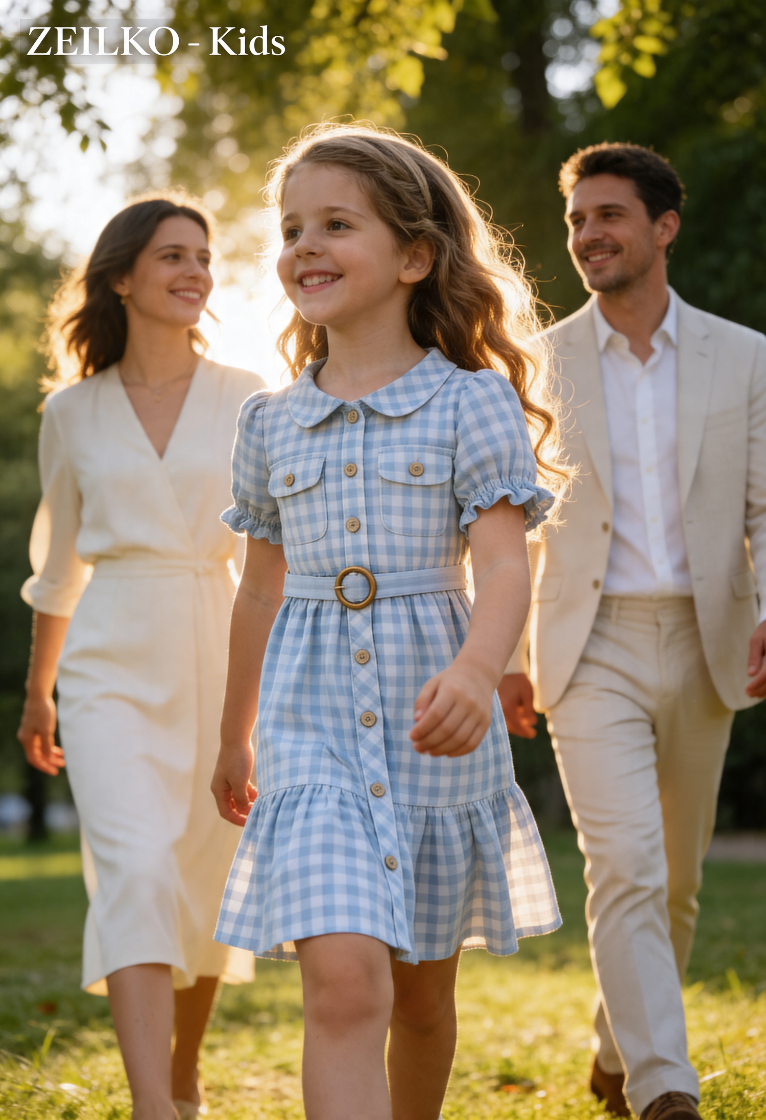 ZEILKO-Kids Mädchen Sommerkleid hellblau-weiß kariert mit Knöpfen, Gürtel und luftigem Schnitt für Frühling und Sommer