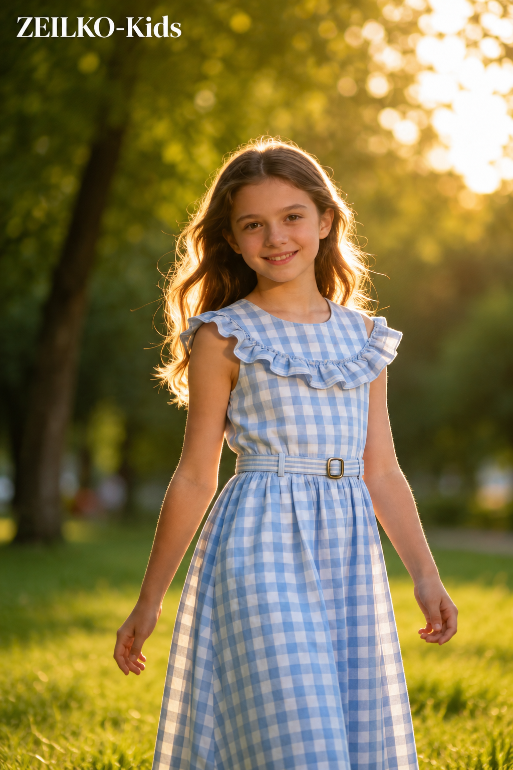 ZEILKO-Kids Mädchen Sommerkleid in Hellblau-Weiß kariert mit Rüschen, Gürtel und luftigem Schnitt für warme Sommertage