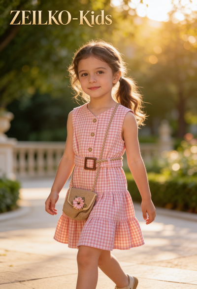 ZEILKO Kids ärmelloses Mädchenkleid in Pfirsichblüte mit passender Schultertasche als Komplett-Set