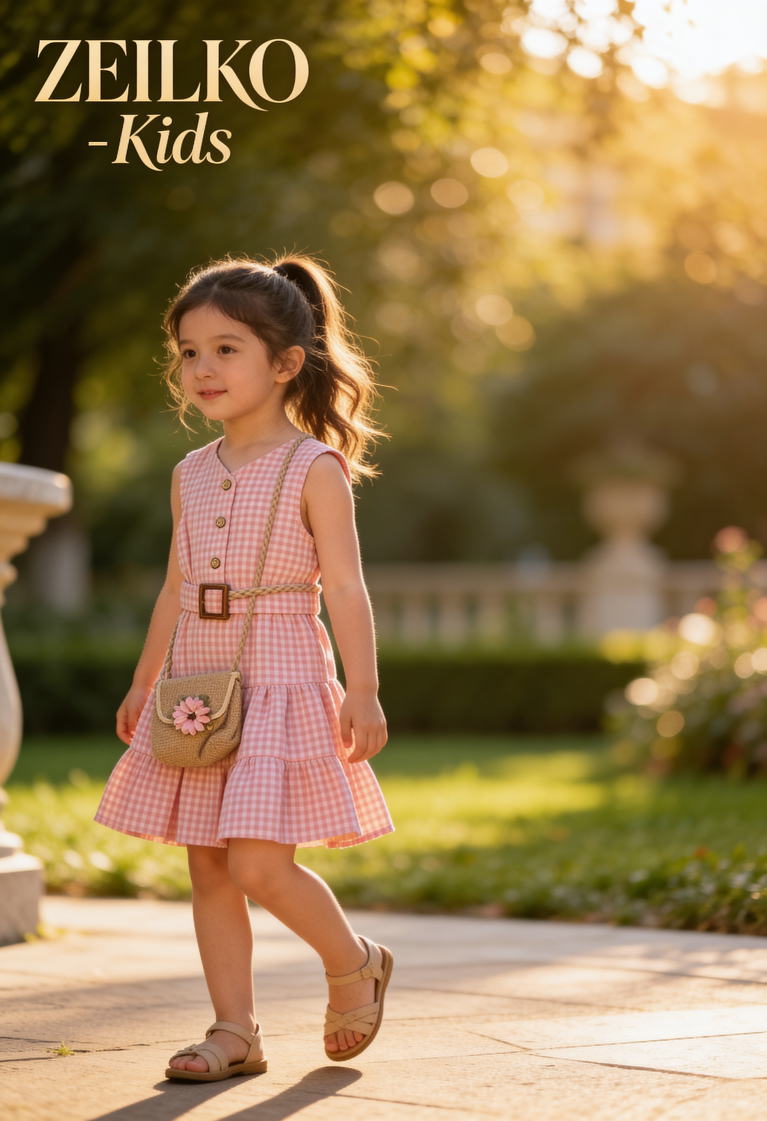 ZEILKO Kids ärmelloses Mädchenkleid in Pfirsichblüte mit passender Schultertasche als Komplett-Set
