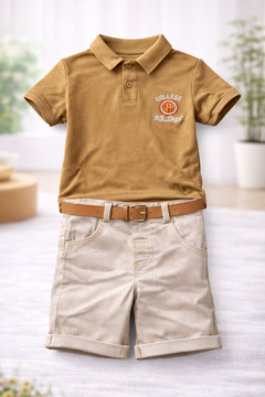 ZEILKO Kids 2-teiliges Jungen Sommeroutfit – beiges College Polo-Shirt mit passenden Shorts und Gürtel