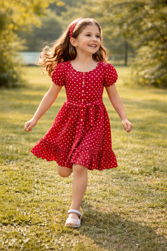 Mädchen trägt ein rotes ZEILKO-Kids Sommerkleid mit weißen Punkten und Haarband beim Spielen im sonnigen Park