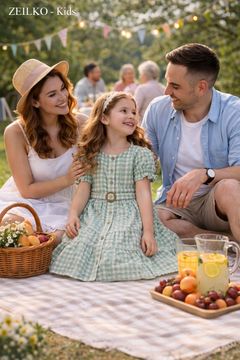 ZEILKO-Kids Mädchen Sommerkleid in Grün-Weiß kariert mit Knopfleiste, Gürtel und luftigem Schnitt für Frühling und Sommer
