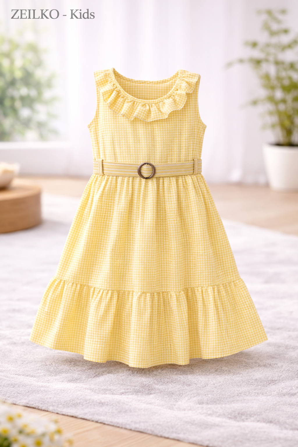 ZEILKO-Kids Mädchen Sommerkleid gelb-weiß kariert mit Rüschen, Gürtel und luftigem Schnitt für Frühling und Sommer