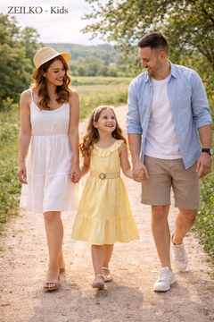 ZEILKO-Kids Mädchen Sommerkleid gelb-weiß kariert mit Rüschen, Gürtel und luftigem Schnitt für Frühling und Sommer