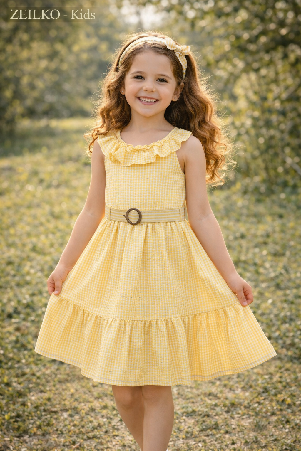 ZEILKO-Kids Mädchen Sommerkleid gelb-weiß kariert mit Rüschen, Gürtel und luftigem Schnitt für Frühling und Sommer