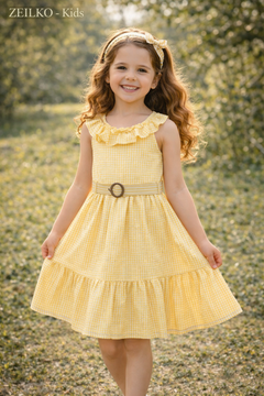 ZEILKO-Kids Mädchen Sommerkleid gelb-weiß kariert mit Rüschen, Gürtel und luftigem Schnitt für Frühling und Sommer