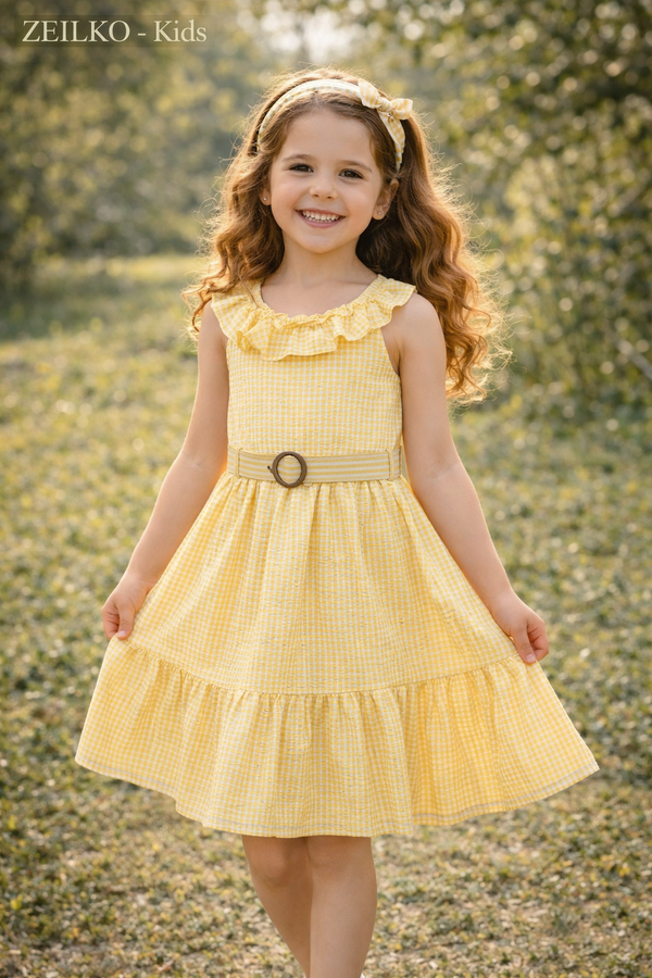 ZEILKO-Kids Mädchen Sommerkleid gelb-weiß kariert mit Rüschen, Gürtel und luftigem Schnitt für Frühling und Sommer