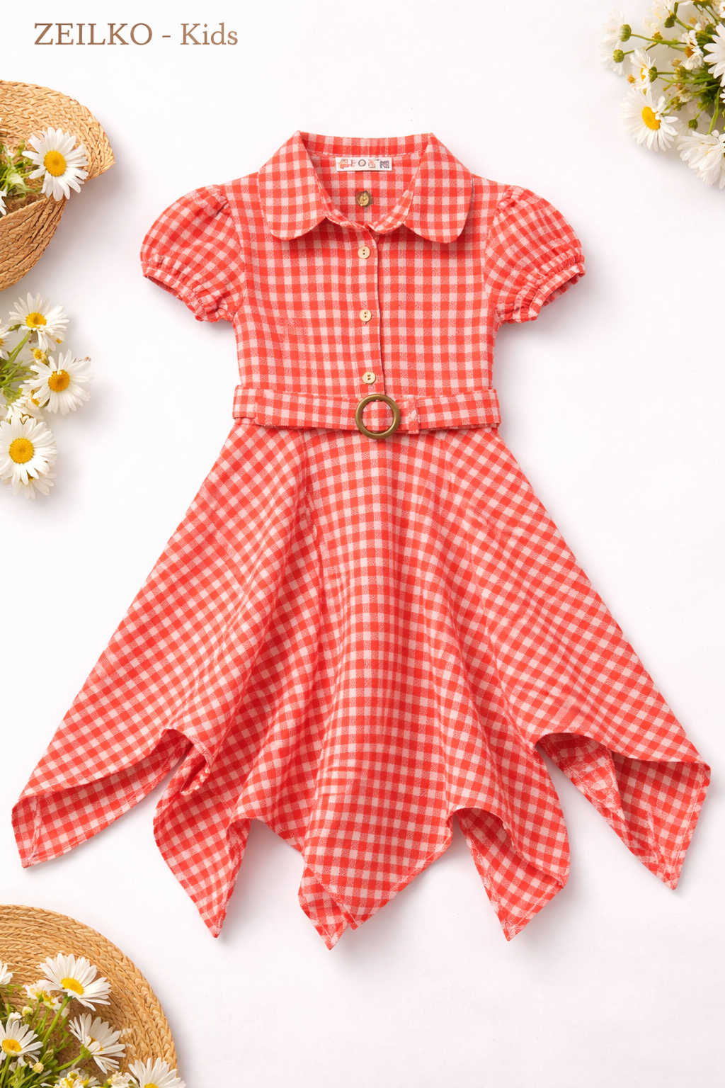 ZEILKO-Kids Mädchen Sommerkleid rot-weiß kariert mit Gürtel, luftigem Schnitt und Strohhut für Frühling und Sommer