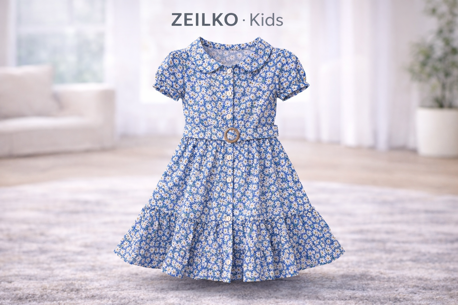 Mädchen trägt ein blaues ZEILKO-Kids Sommerkleid mit Blumenmuster und Haarband beim Spielen im sonnigen Park