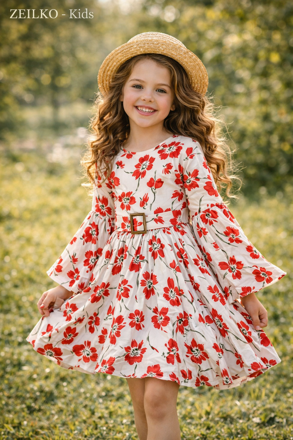 ZEILKO-Kids Mädchen Sommerkleid weiß mit rotem Blumenmuster, Glockenärmeln, Gürtel und luftigem Schnitt für Frühling und Sommer