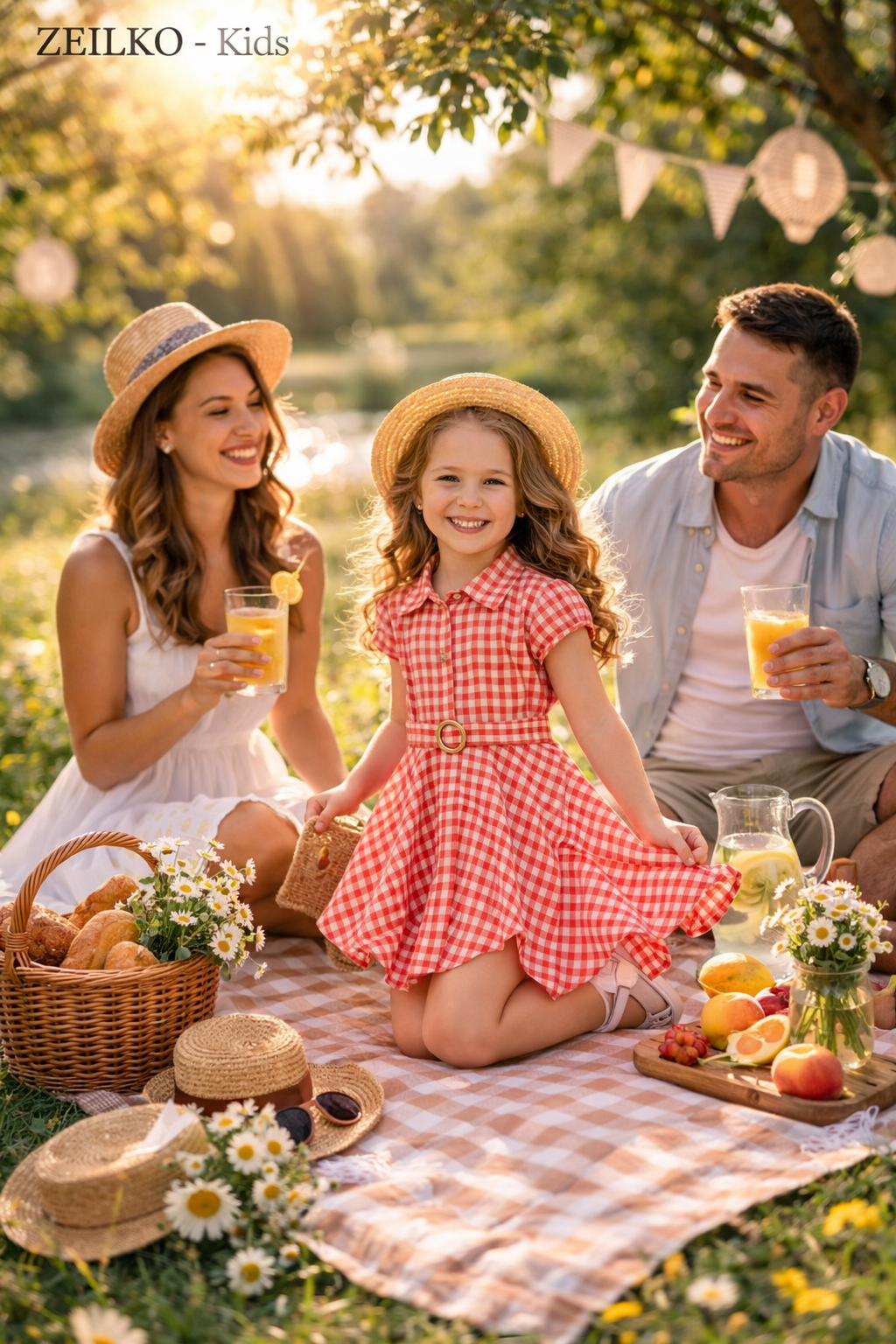 ZEILKO-Kids Mädchen Sommerkleid rot-weiß kariert mit Gürtel, luftigem Schnitt und Strohhut für Frühling und Sommer