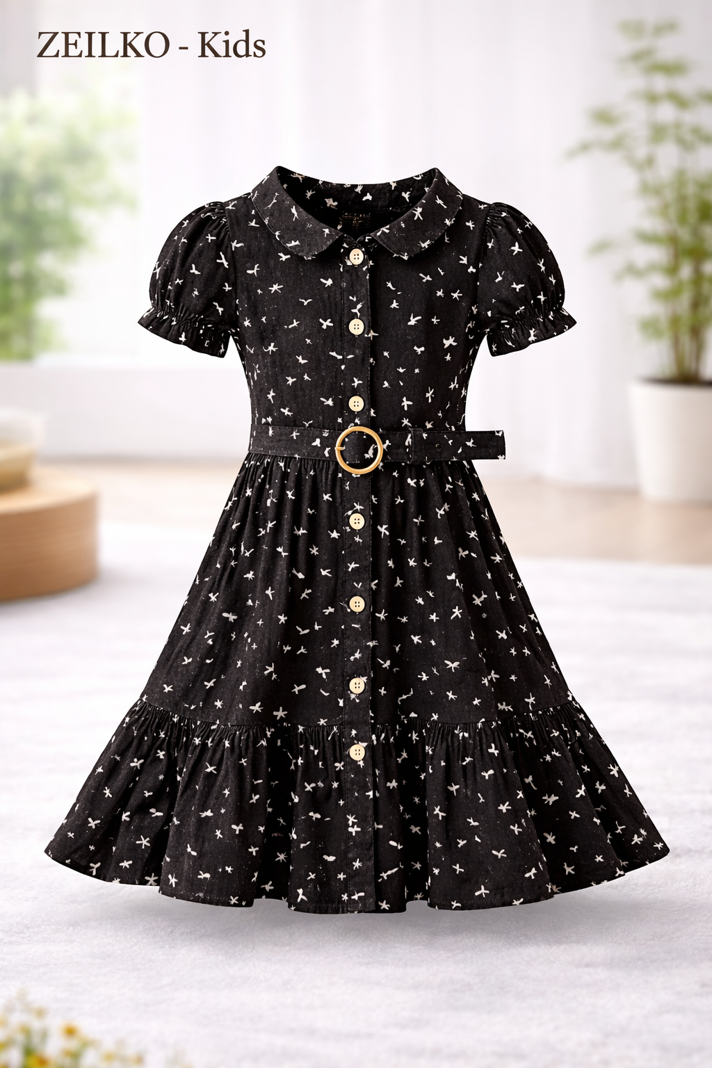 ZEILKO Kids schwarzes Mädchen Sommerkleid mit weißem Vogel-Print und Gürtel, 100% Baumwolle