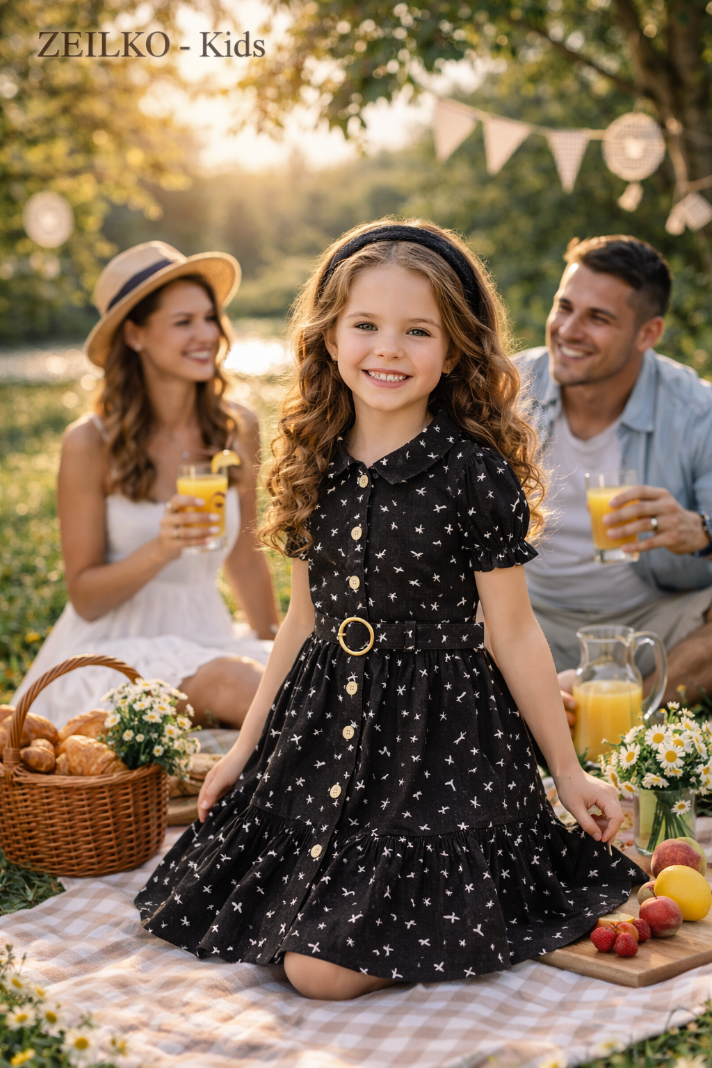 ZEILKO Kids schwarzes Mädchen Sommerkleid mit weißem Vogel-Print und Gürtel, 100% Baumwolle