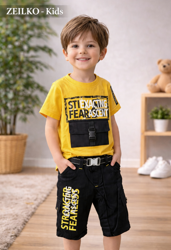 ZEILKO Kids 2-teiliges Jungen Tactical Set – gelbes T-Shirt mit schwarzen Cargo-Shorts, 100% Baumwolle