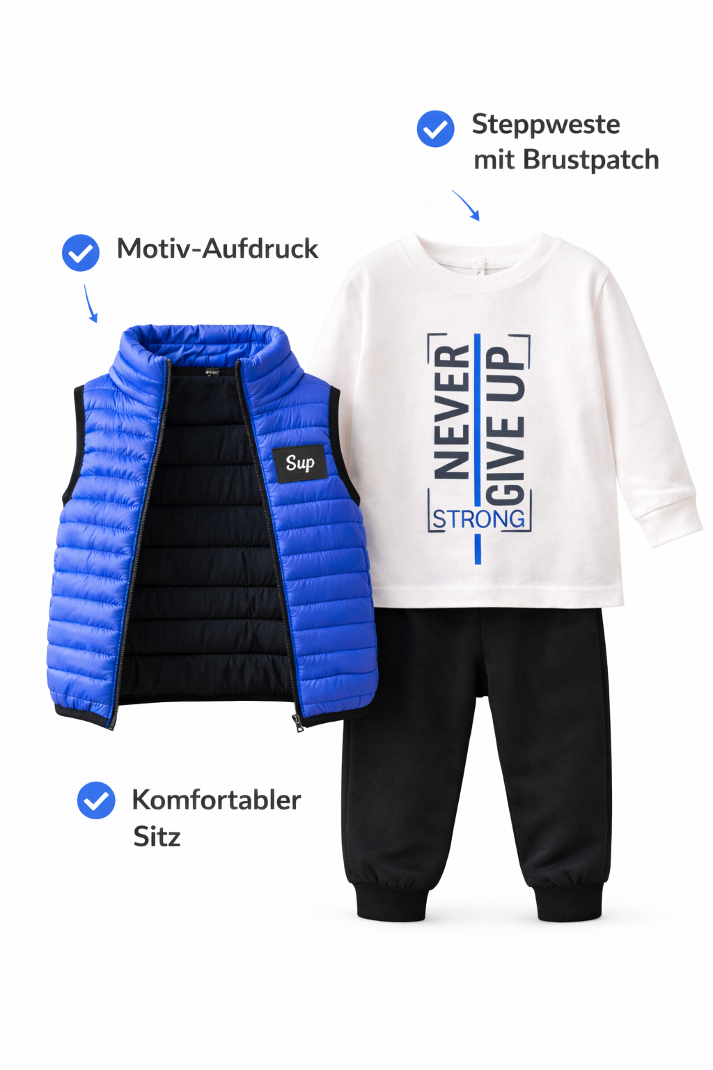 ZEILKO Kids 3-teiliges Jungen-Set mit blauer Weste, Shirt und Jogger – Aufdruck Never Give Up