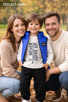 ZEILKO Kids 3-teiliges Jungen-Set mit blauer Weste, Shirt und Jogger – Aufdruck Never Give Up