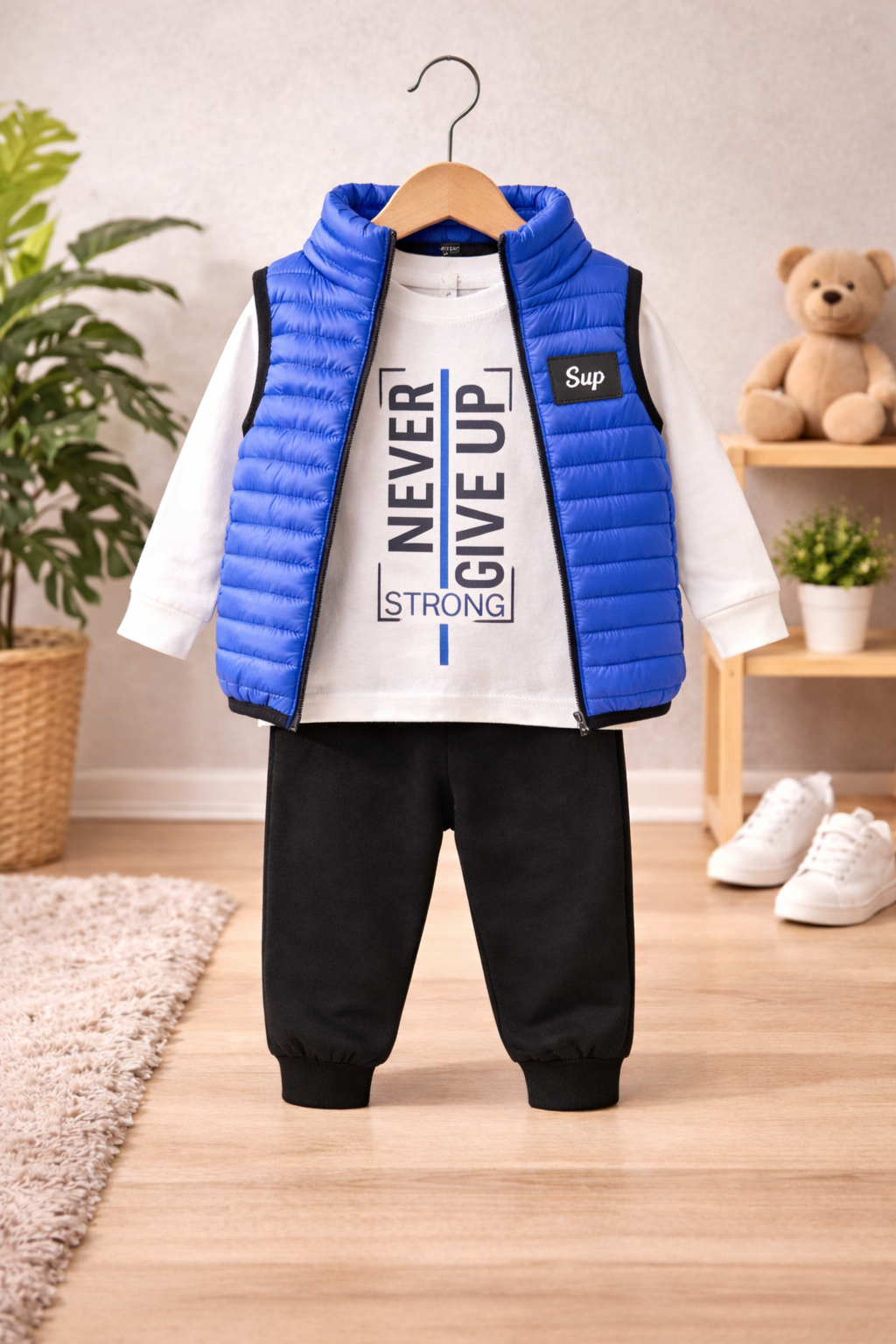 ZEILKO Kids 3-teiliges Jungen-Set mit blauer Weste, Shirt und Jogger – Aufdruck Never Give Up