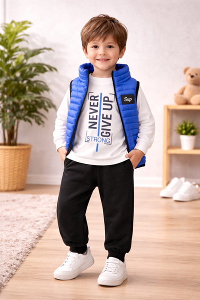 ZEILKO Kids 3-teiliges Jungen-Set mit blauer Weste, Shirt und Jogger – Aufdruck Never Give Up