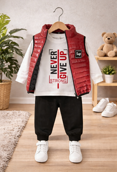 ZEILKO Kids 3-teiliges Jungen-Set mit roter Weste, Shirt und Jogger – Aufdruck Never Give Up