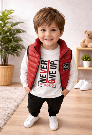 ZEILKO Kids 3-teiliges Jungen-Set mit roter Weste, Shirt und Jogger – Aufdruck Never Give Up