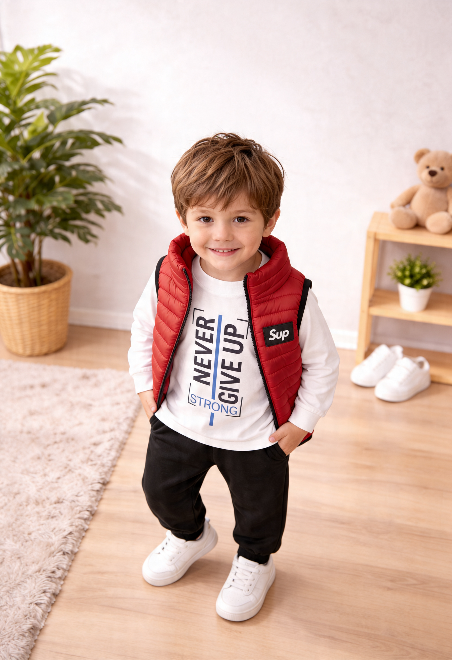 ZEILKO Kids 3-teiliges Jungen-Set mit roter Weste, Shirt und Jogger – Aufdruck Never Give Up