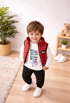 ZEILKO Kids 3-teiliges Jungen-Set mit roter Weste, Shirt und Jogger – Aufdruck Never Give Up