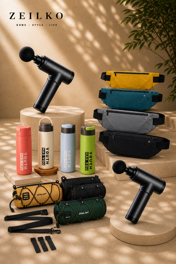 ZEILKO Premium Sport- und Fahrrad-Bundle mit Massagepistole, Trinkflaschen, Bauchtaschen und praktischem Zubehör für Training und Alltag