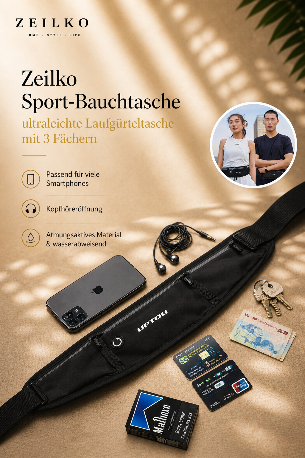 ZEILKO Sport-Bauchtasche als Laufgürtel – ultraleicht 64g, 3 Fächer und Kopfhöreröffnung für Sport und Outdoor