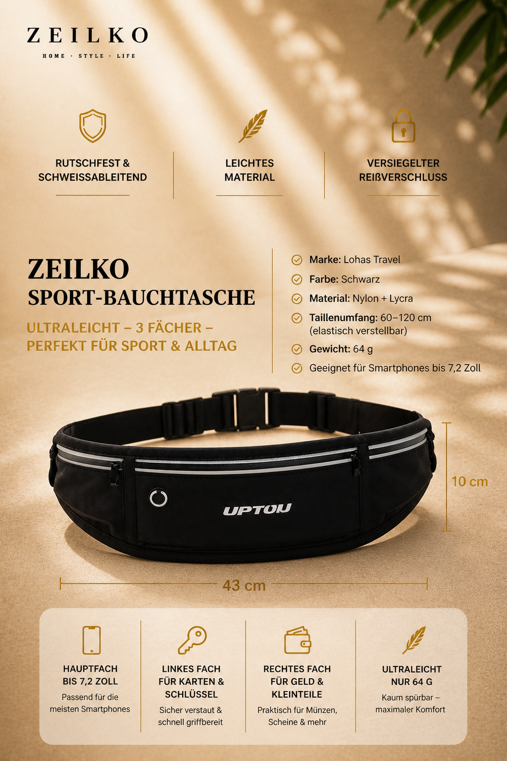 ZEILKO Sport-Bauchtasche als Laufgürtel – ultraleicht 64g, 3 Fächer und Kopfhöreröffnung für Sport und Outdoor