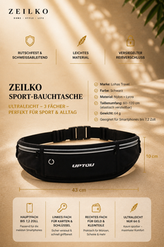 ZEILKO Sport-Bauchtasche als Laufgürtel – ultraleicht 64g, 3 Fächer und Kopfhöreröffnung für Sport und Outdoor