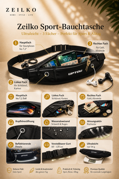 ZEILKO Sport-Bauchtasche als Laufgürtel – ultraleicht 64g, 3 Fächer und Kopfhöreröffnung für Sport und Outdoor