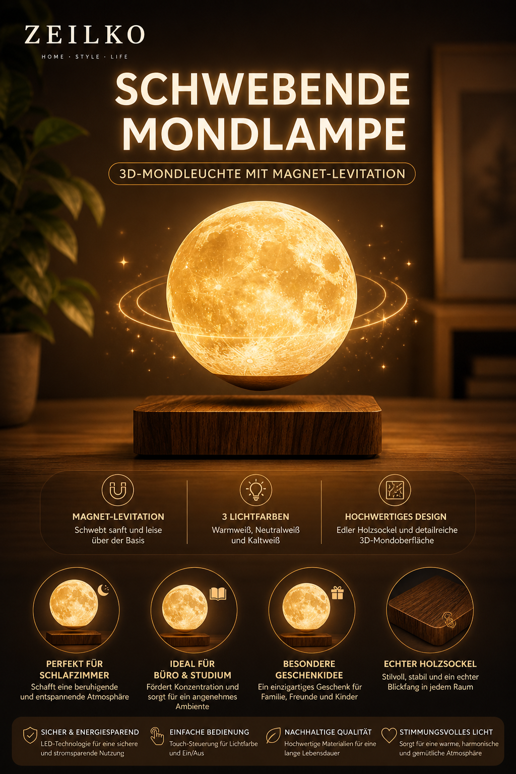 ZEILKO schwebende Mondlampe 14cm mit magnetischer Levitation und Holzsockel – 3 Lichtfarben wählbar