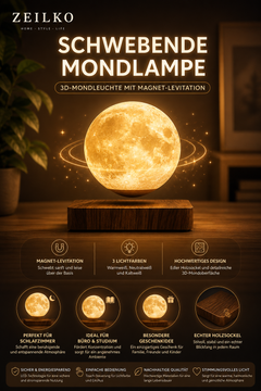 ZEILKO schwebende Mondlampe 14cm mit magnetischer Levitation und Holzsockel – 3 Lichtfarben wählbar