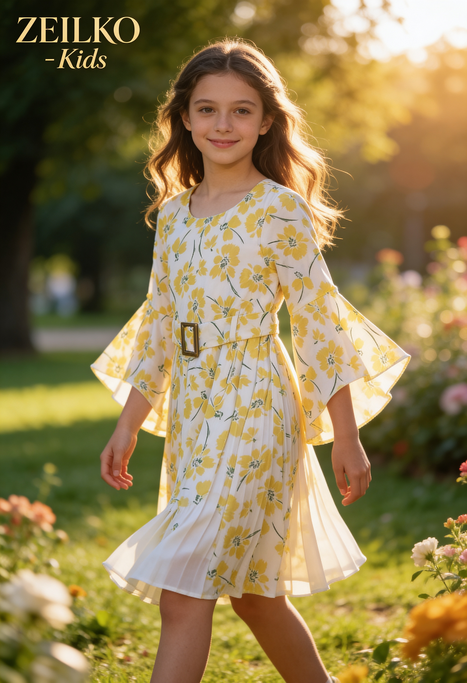 ZEILKO-Kids Mädchen Sommerkleid weiß mit gelbem Blumenmuster, Glockenärmeln, Gürtel und luftigem Schnitt für Frühling und Sommer