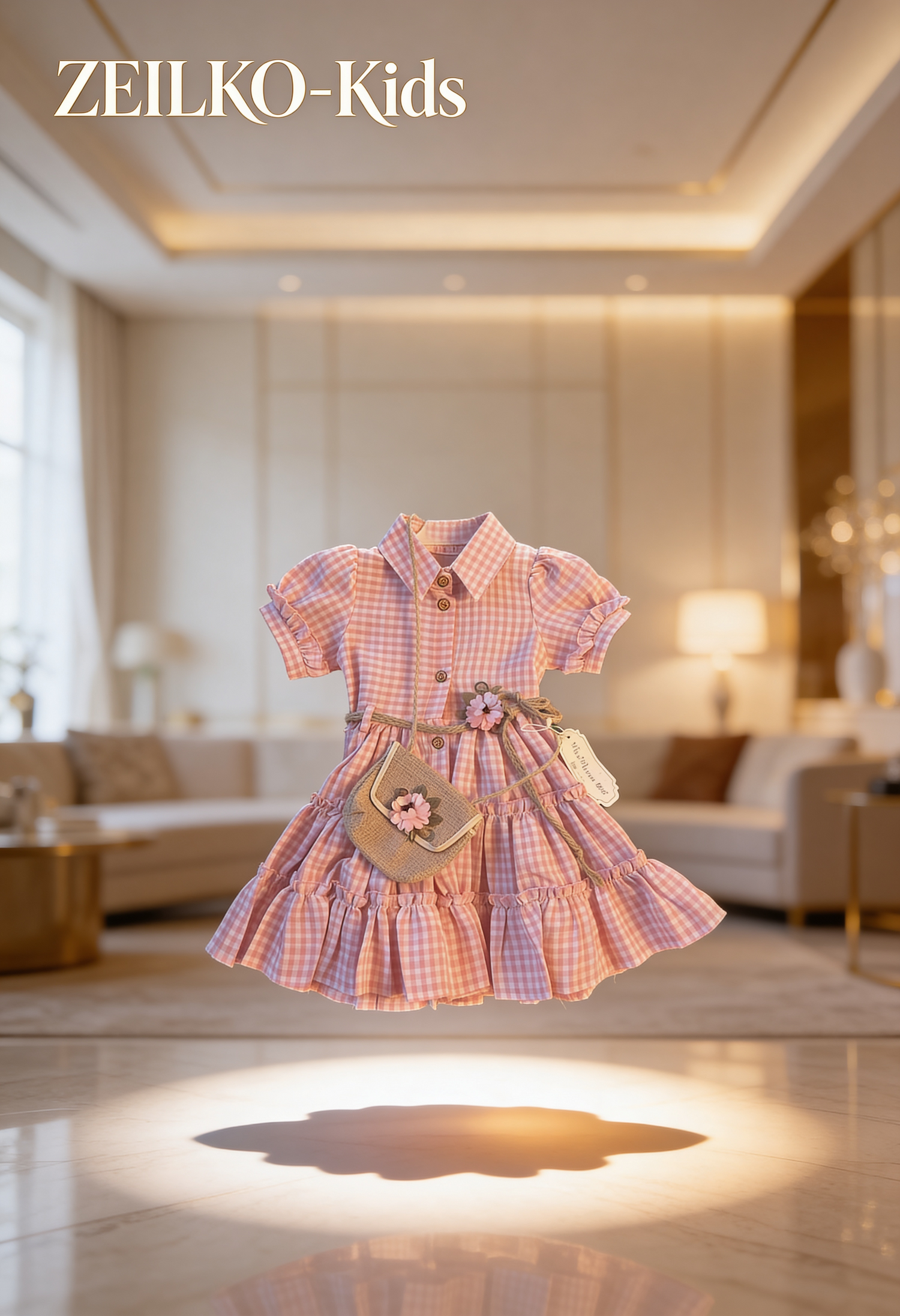 Mädchen trägt ein rosa-weiß kariertes ZEILKO-Kids Sommerkleid mit Knopfleiste, Tasche und Blumen-Details im sonnigen Garten