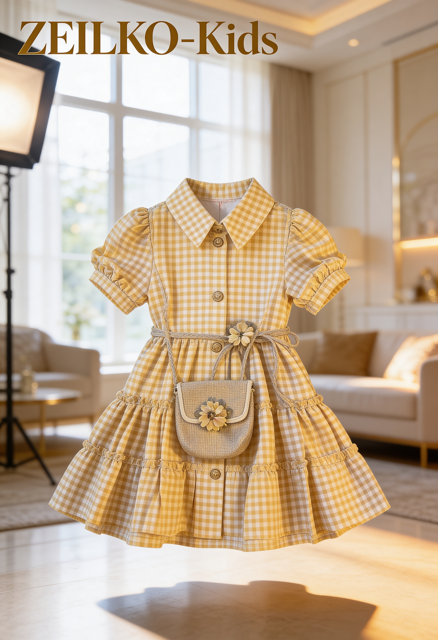 ZEILKO-Kids Sonnenkind Mädchenkleid gelb-weiß kariert mit Schultertasche, Knopfleiste, Rüschen und luftigem Schnitt für Frühling und Sommer