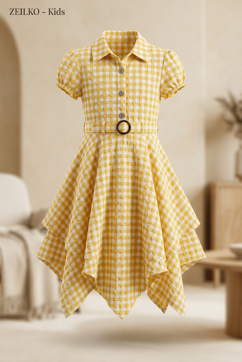 ZEILKO-Kids Sommerwind Mädchenkleid gelb-weiß kariert mit Vichy-Karo, Knöpfen, Gürtel und asymmetrischem Saum für Frühling und Sommer