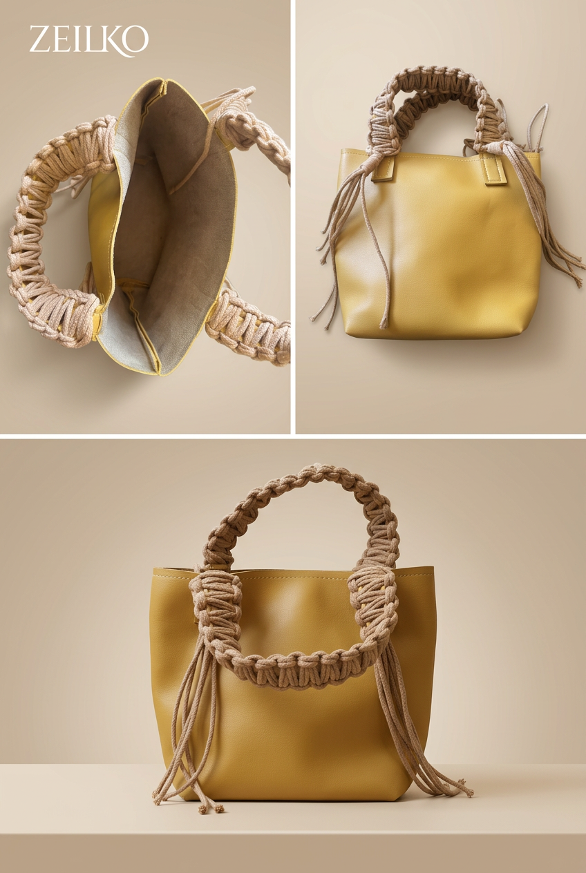 ZEILKO 5-teiliges Taschen-Set in Senfgelb Marrakesch – Boho-Stil mit geflochtenen Makramee-Henkeln