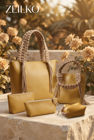 ZEILKO 5-teiliges Taschen-Set in Senfgelb Marrakesch – Boho-Stil mit geflochtenen Makramee-Henkeln