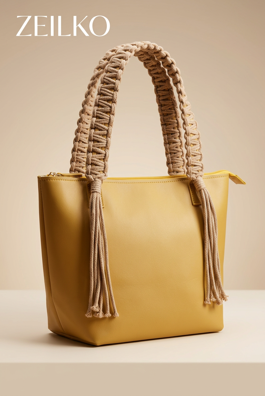 ZEILKO 5-teiliges Taschen-Set in Senfgelb Marrakesch – Boho-Stil mit geflochtenen Makramee-Henkeln