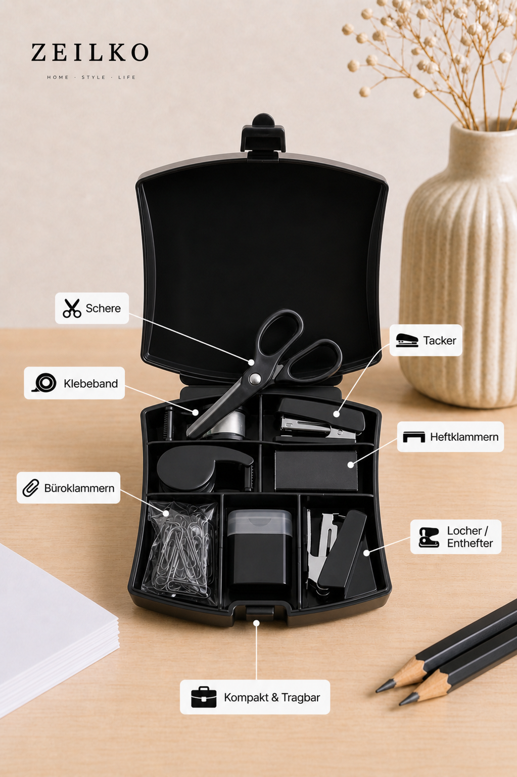 ZEILKO 7-teiliges Mini Büro-Set in Schwarz mit Schere, Klebeband, Tacker, Heftklammern, Büroklammern und Locher für Büro, Schule und Zuhause